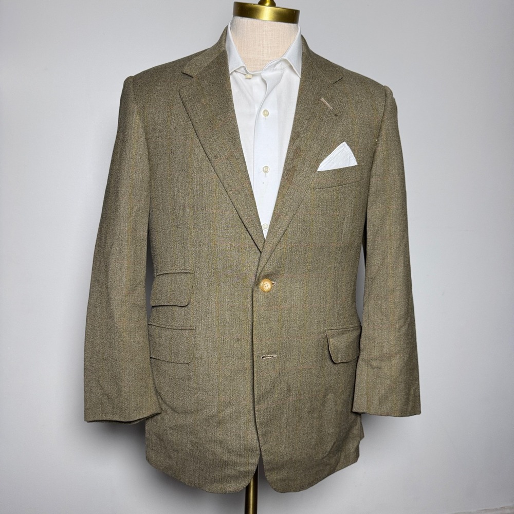 Oxxford Clothes Sport Coat Mens 40 Tan Brown Herringbone Pinstripe Wool Blazer
